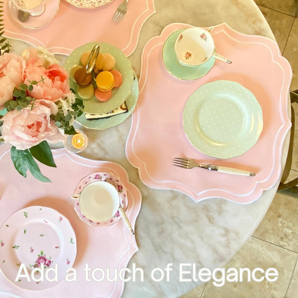 Cotton Linen Scalloped & Embroidered Placemats Set of 4, Light Pink