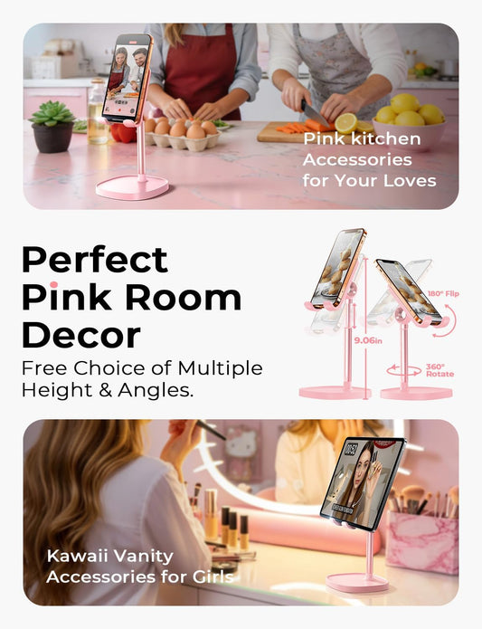Phone Stand for Desk, iPhone Holder for Desk Offices Accessories | iPhone Stand, Phone Holder for Desk Vanity Decor, Pink Gifts, Pink Bathroom Dorm Room Living office Essentials Decor