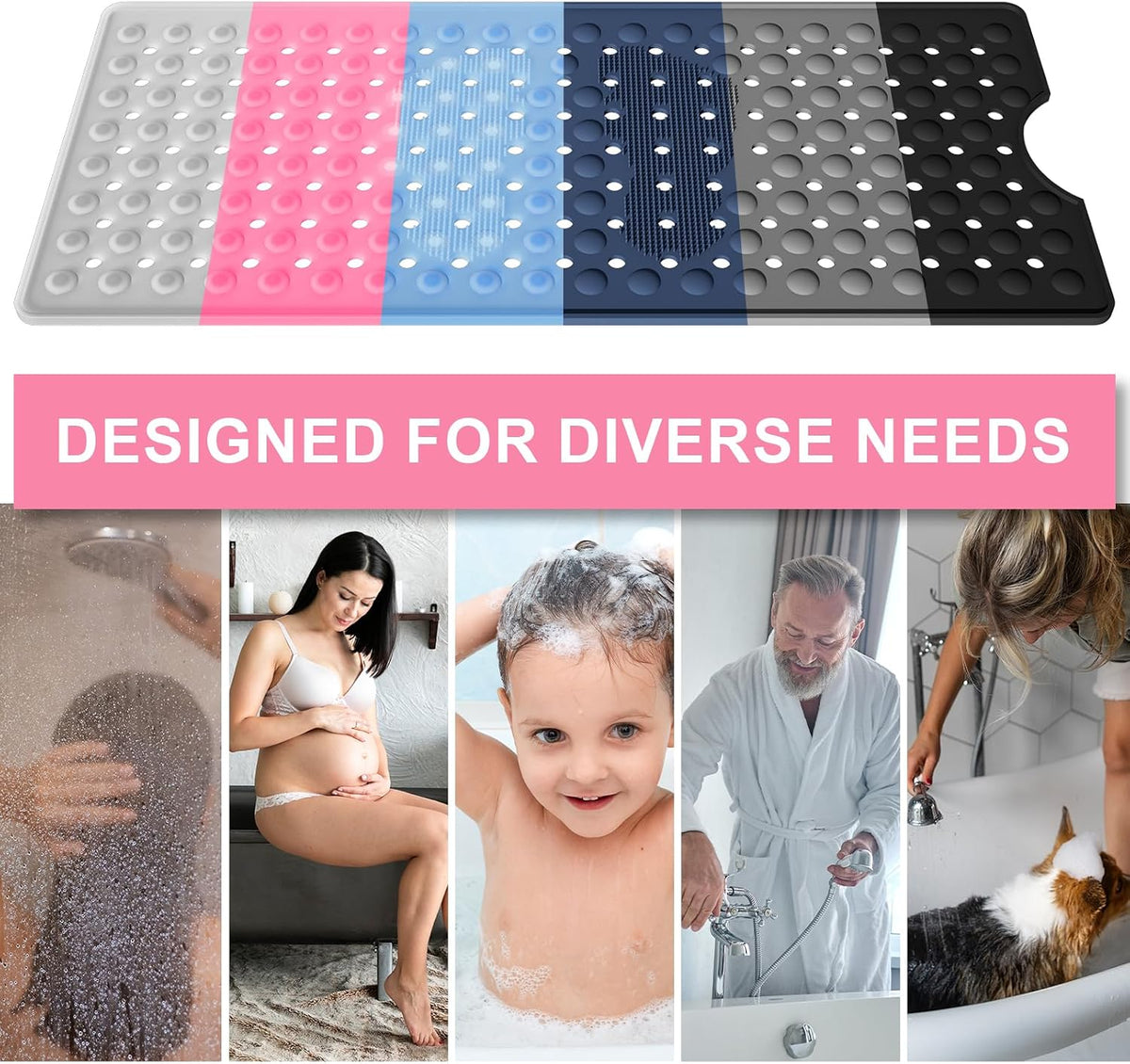 Silicone Bathtub Mat 35.4"x15.7", Shower Tub Mat for Bathroom, Clear Pink