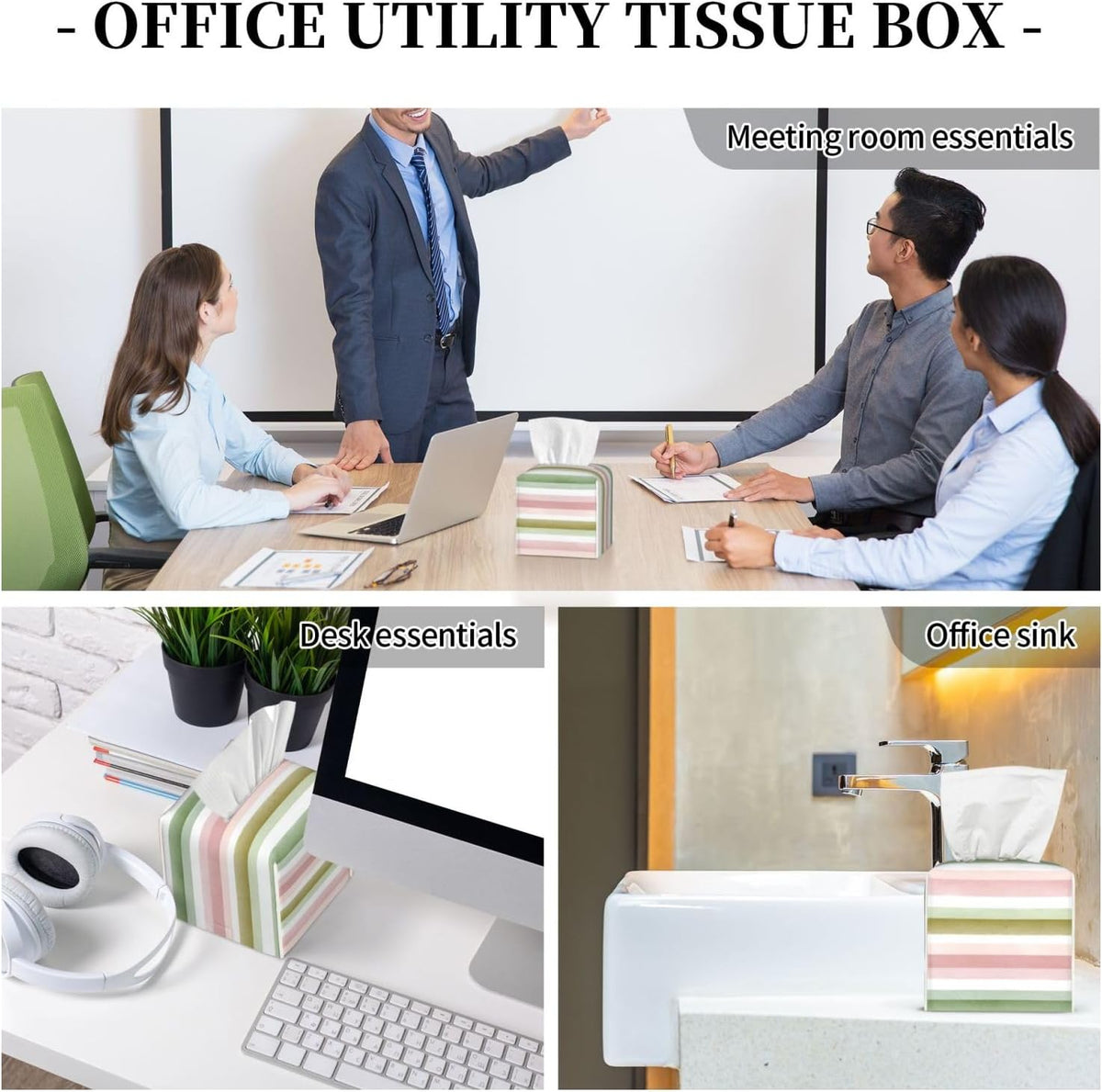 Pastel Pink Green Wide Stripe Pattern Tissue Box Cover Square Pu Leather Waterproof Tissue Box Holder for Car Bathroom Bedroom Office Tabletop Decor
