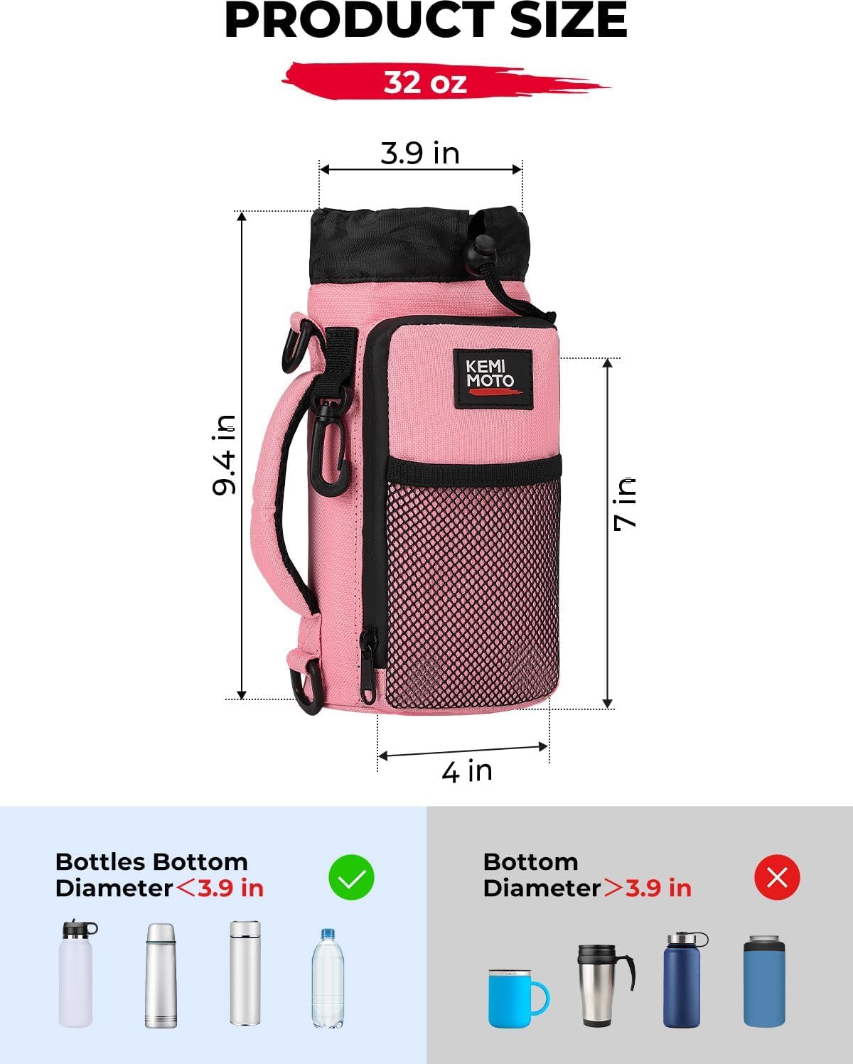 Water Bottle Holder Bag, Water Bottle Carrier with Adjustable Shoulder Strap, Water Bottle Pouch Holder for Hiking, Camping, Fishing, Compatible with YETI STANLEY SLM 32 oz, 40 oz, 64 oz