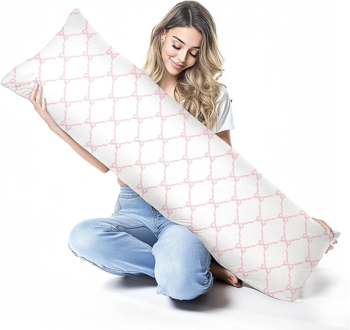 Coquette Preppy Pink Bow 20x54 Body Pillow Cover Case, Pink Coquette Room Decor, Preppy Room Dorm Decor, Girly Ribbon Grid Decorative Long Hug Pillow Cases for Bed Couch