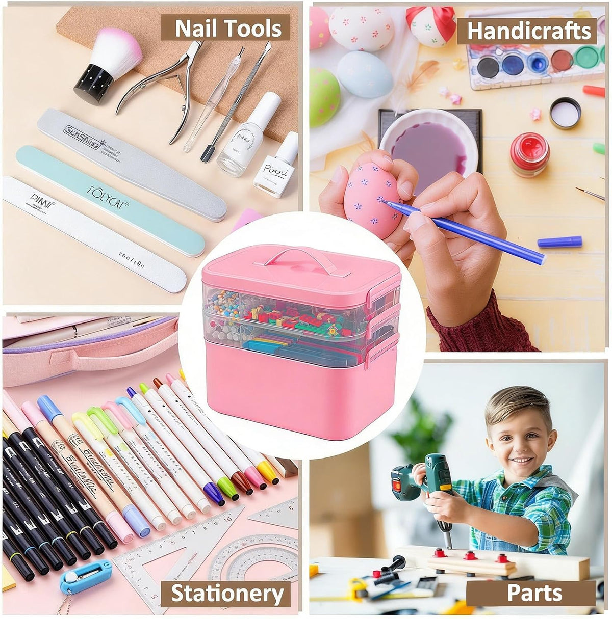 3-Layer Plastic Craft Organizers and Storage Box with Removable Trays, Storage Containers with lids and Handle, Art Supply Storage Organizer for Bead, Ornament, Nail Polish, Tape(Pink)