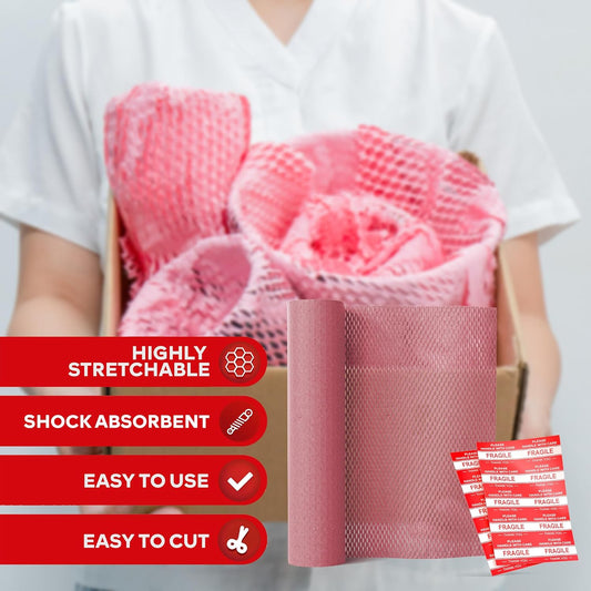 Pink Honeycomb Packing Paper for Moving 15-Inch x 118-Feet Bubble Honeycomb Wrap, Honeycomb Wrapping Paper for Packing Cushion with 30 Fragile Stickers Packing Supplies