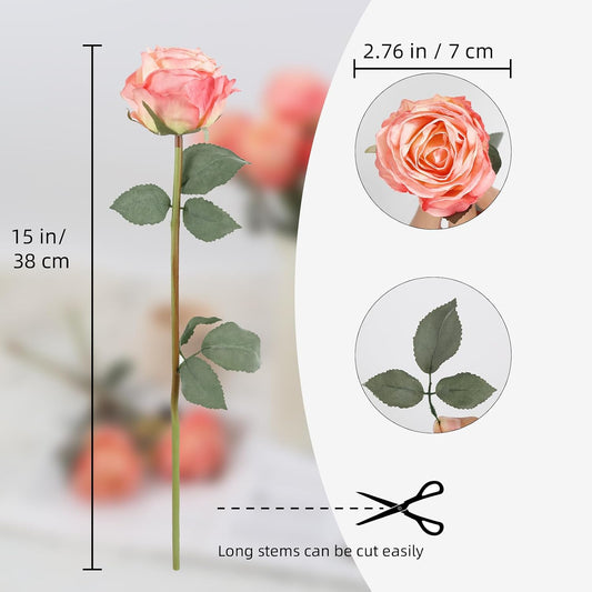 10PCS Roses Artificial Flowers Silk Flowers with Long Stem Fake Roses for Valentine's Day Wedding Bridal Bouquets Floral Arrangement Table Centerpieces Home Decoration(Peach)