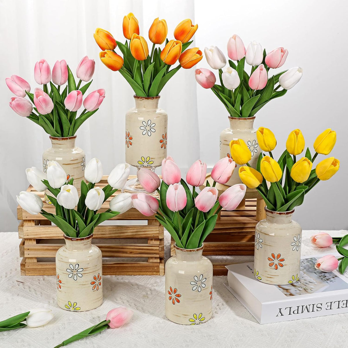 10.6IN Artificial Tulips in Ceramic Vase, Real Touch Flowers Faux Pink Tulips Arrangement for Home Office Wedding Anniversary Party Table Centerpiece Spring Easter Decor