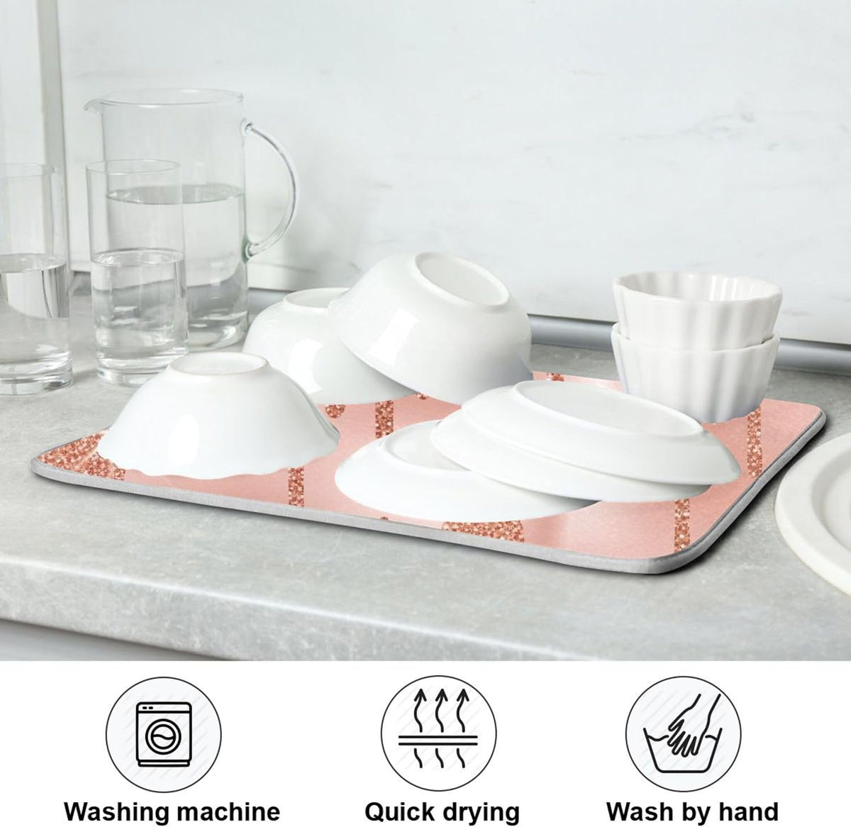 Rose Gold Pink Dishes Drying Mats Cute Quick-dry Print Countertop Heat Pad Kitchen Counter Dishes Mats, 18" x 24"