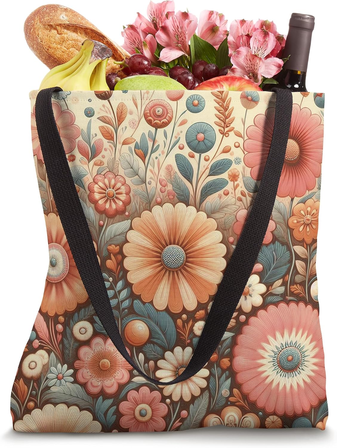 Retro Flowers Meadow Floral Groovy 70s Peach Pink Tote Bag