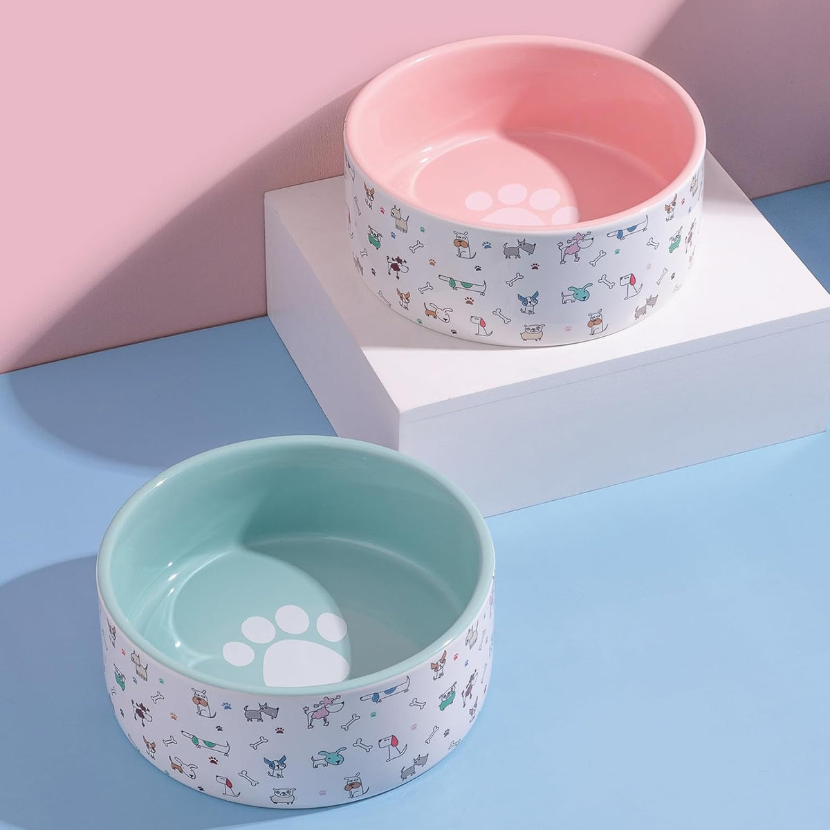 Fun Elements Ceramic Dog Bowls, Large Sized 64 Fl Oz Heavy Food and Water Bowl for Medium Dogs with Adorable Patterns (Large, Pink)