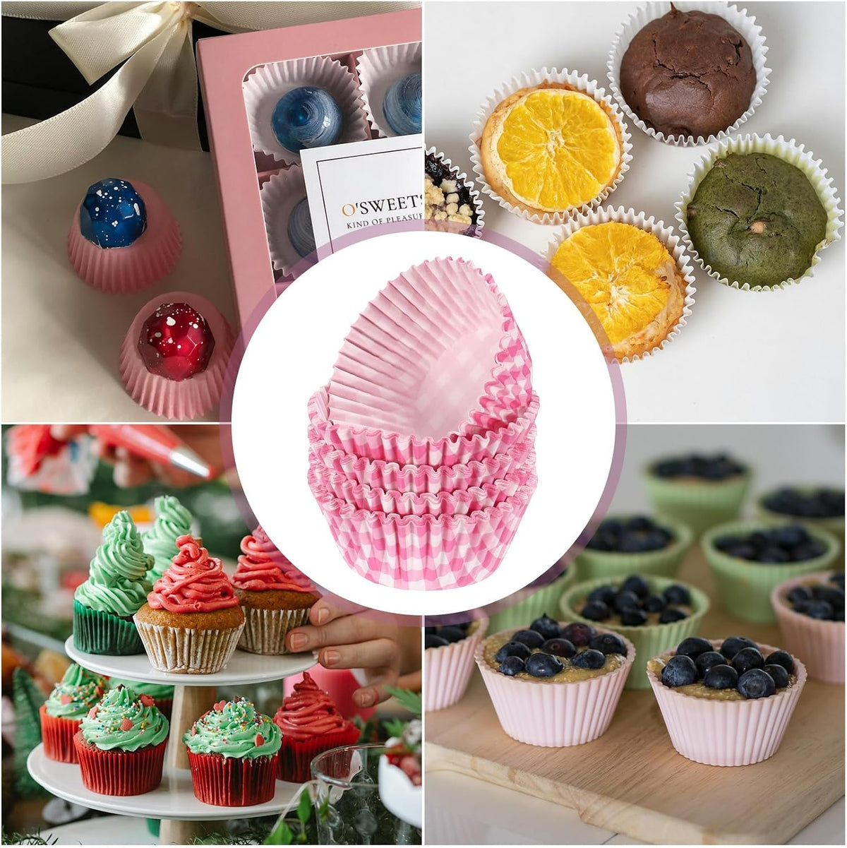 100 Count Cupcake Liners Cupcake Cups Standard Size Muffins Liners Papers Baking Cups Wrappers Greaseproof for Party Wedding, Pink Grid