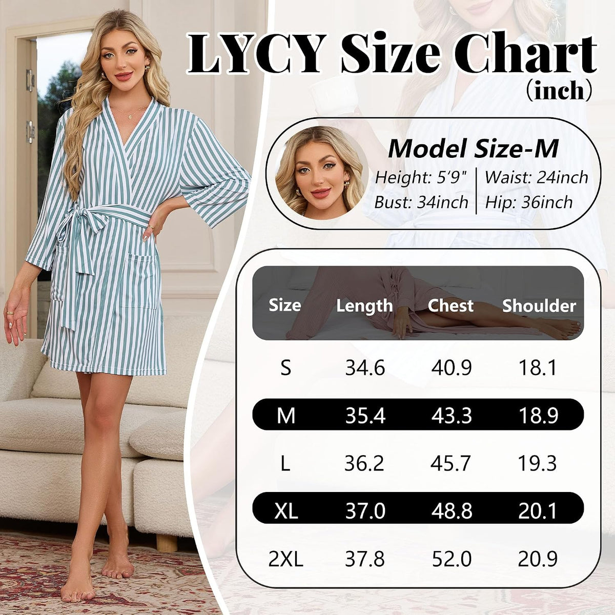 Short Robes for Women, Striped Lightweight Kimono Bathrobe for Spa