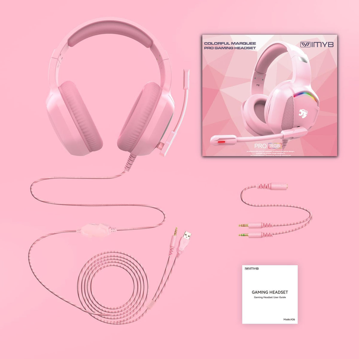 A36 Pink Gaming Headset with Mic Stereo Headphones for Pc, PS5, Xbox