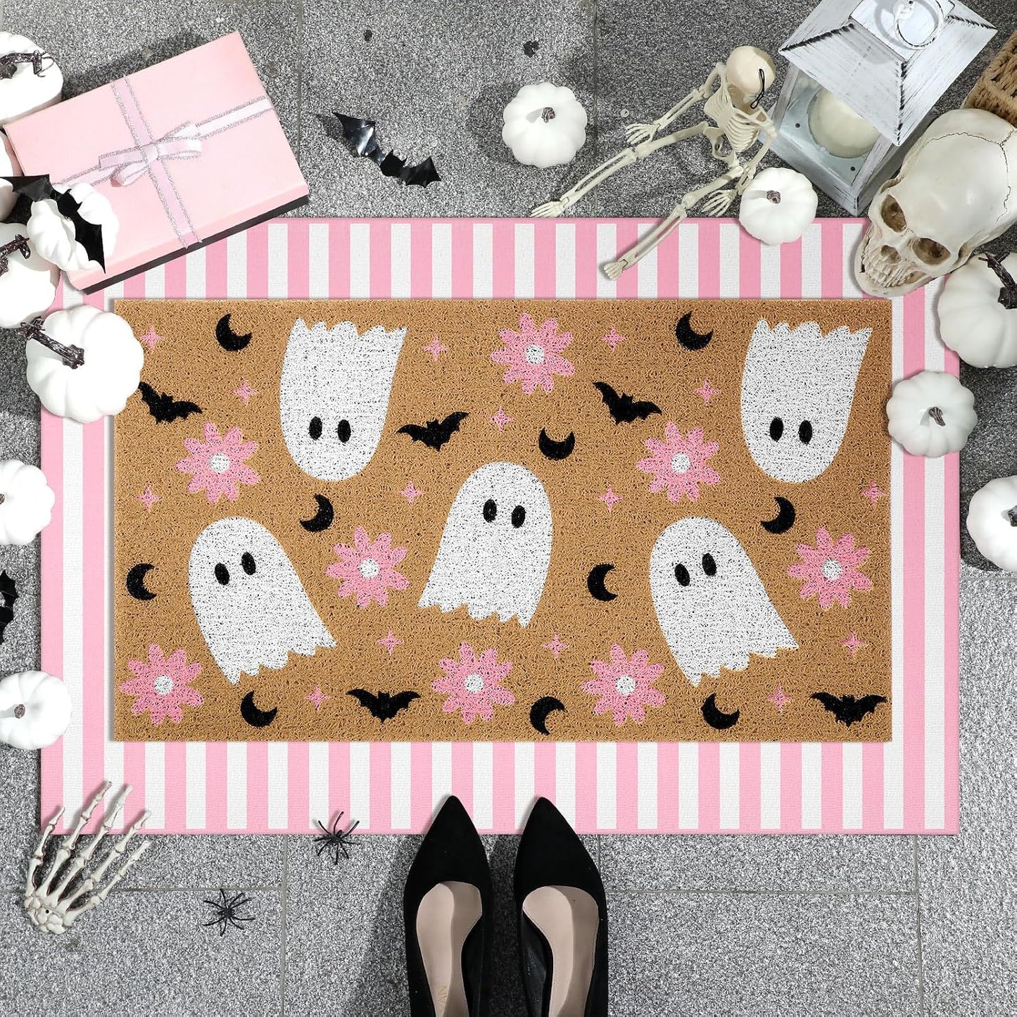 2 Pcs Halloween Pink Ghost Layered Doormat Set