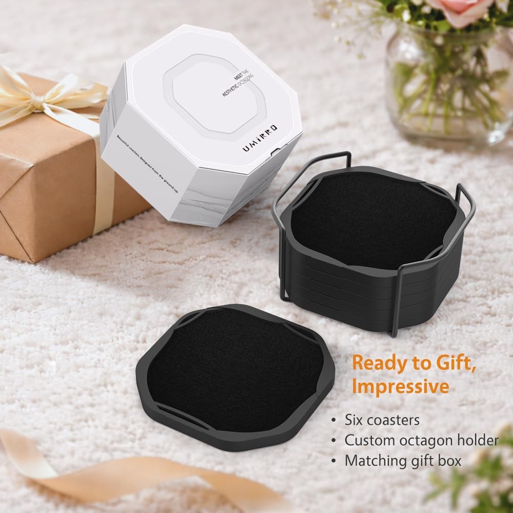 Absorbent Felt & Silicone Coasters Set of 6 with Holder, Blush Pink