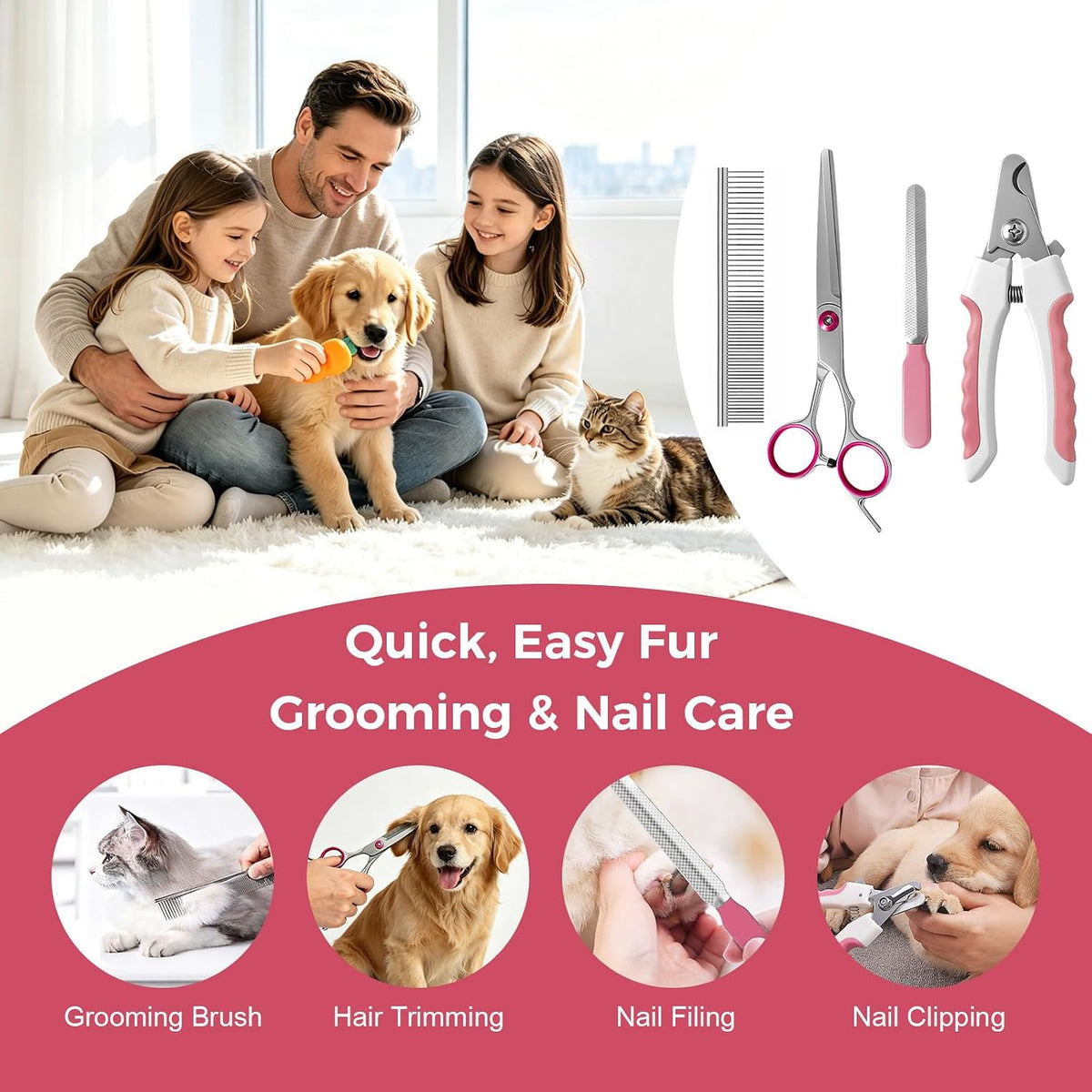 11 Piece Dog Grooming Kit - Hair, Nail, Massage Bath Supplies For Pets Cats