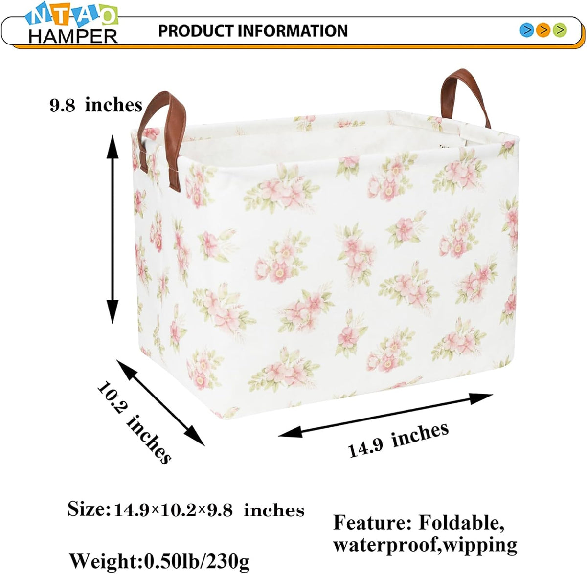 Rectangular Pink Flower Basket for Girls, Storage Bin with Handles, Room Decor, Gift Basket(Pink Flower)