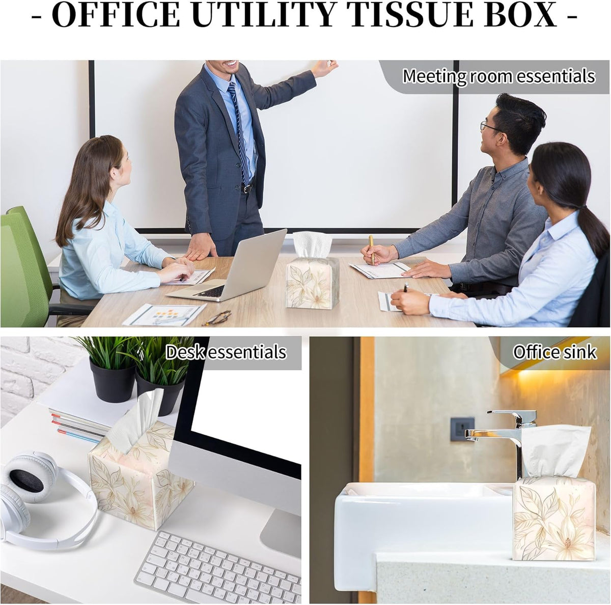 Tissue Box Cover,Pink Golden Boho Minimalist Flowers Pu Leather Square Tissue Box Cover Case Decorative Organizer for Bathroom Vanity Countertop Night Stands Office Desk & Car 5.2X5.2X5.2''