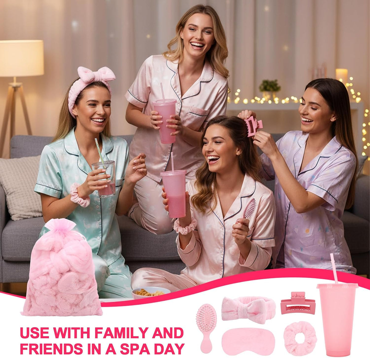 84 Pcs Pink Spa Party Supplies Bulk Include 12 Bow Hairbands 12 Hair Scrunchies 12 Glitter Cups 12 Sleep Eye Mask 12 Organza Bag 12 Hair Clips 12 Combs for Sleepover Party Supplies Spa Birthday Party