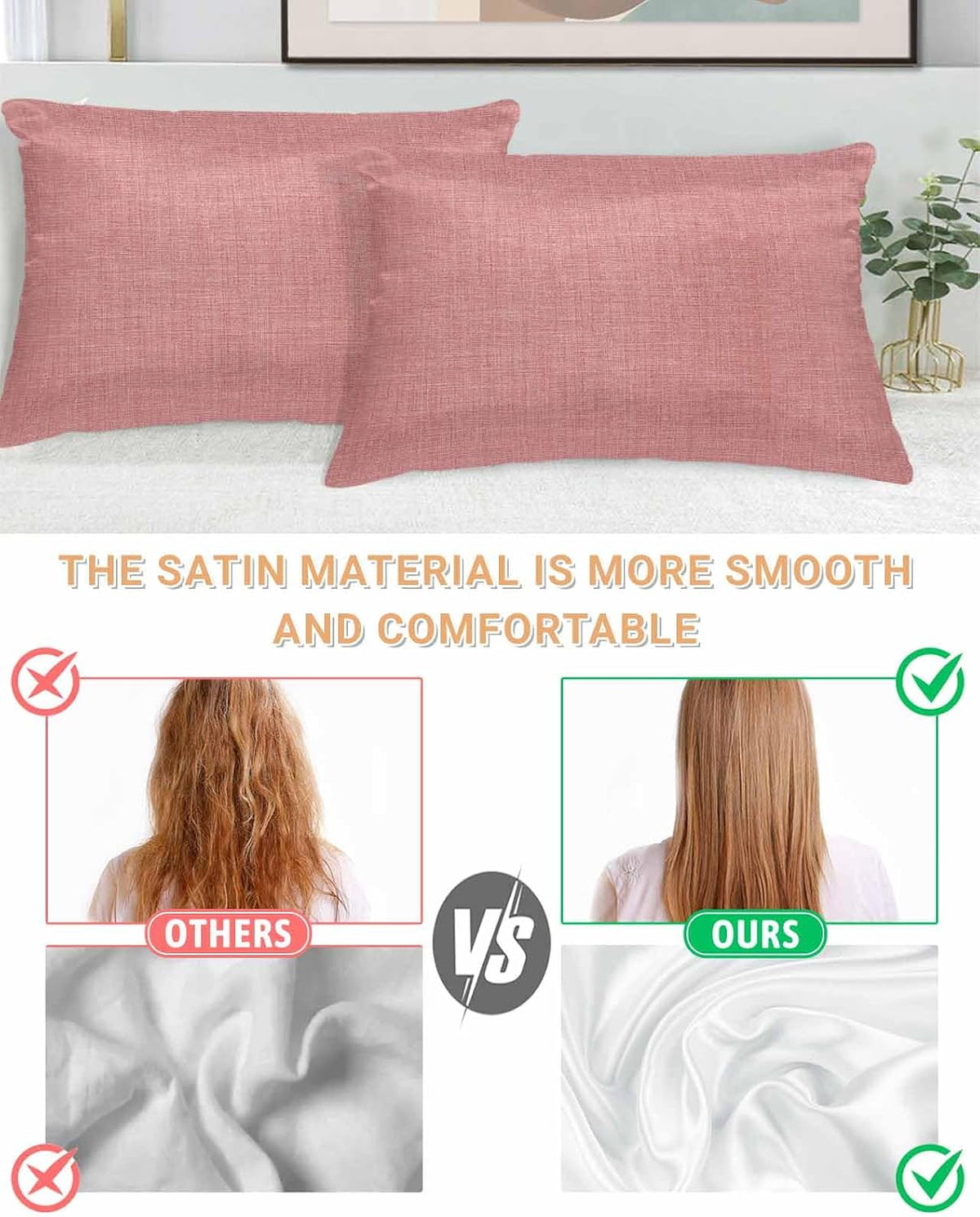 Satin Pillowcase for Hair and Skin Standard Size 2 Pack Peach Pink Linen Satin Pillow Case Soft Breathable Cool Silk Farmhouse Pure Color Pillowcases with Hidden Zipper Throw Pillow Covers 20x26 Inch