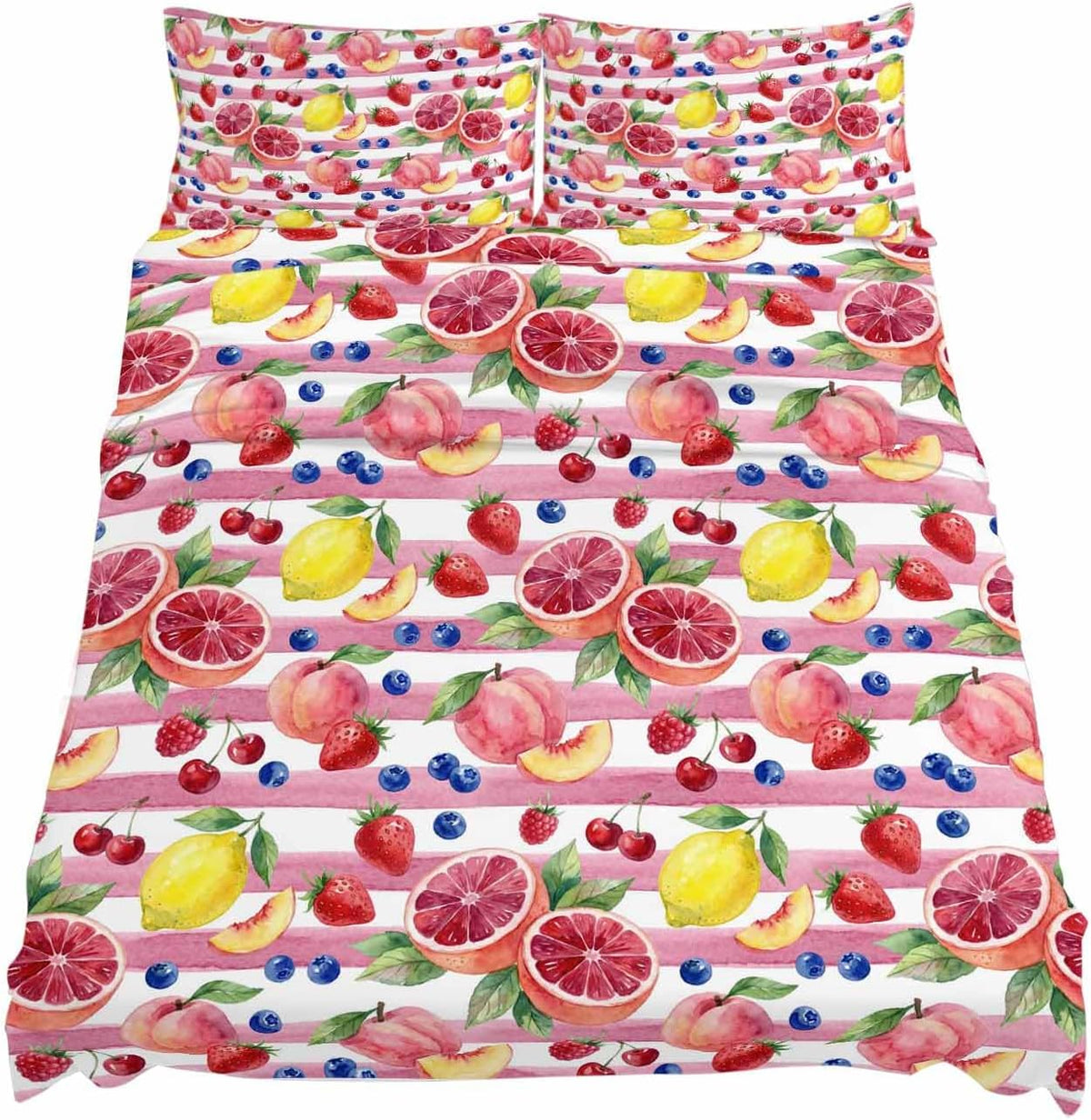 4 Piece Bed Sheet Set, Summer Peach Lemon Grapefruit Bed Sheets Includes Flat Sheet, Queen Fitted Sheet with Deep Pockets, Blueberry Strawberry Pink Stripe Hotel Bedding Sheets and Pillowcases