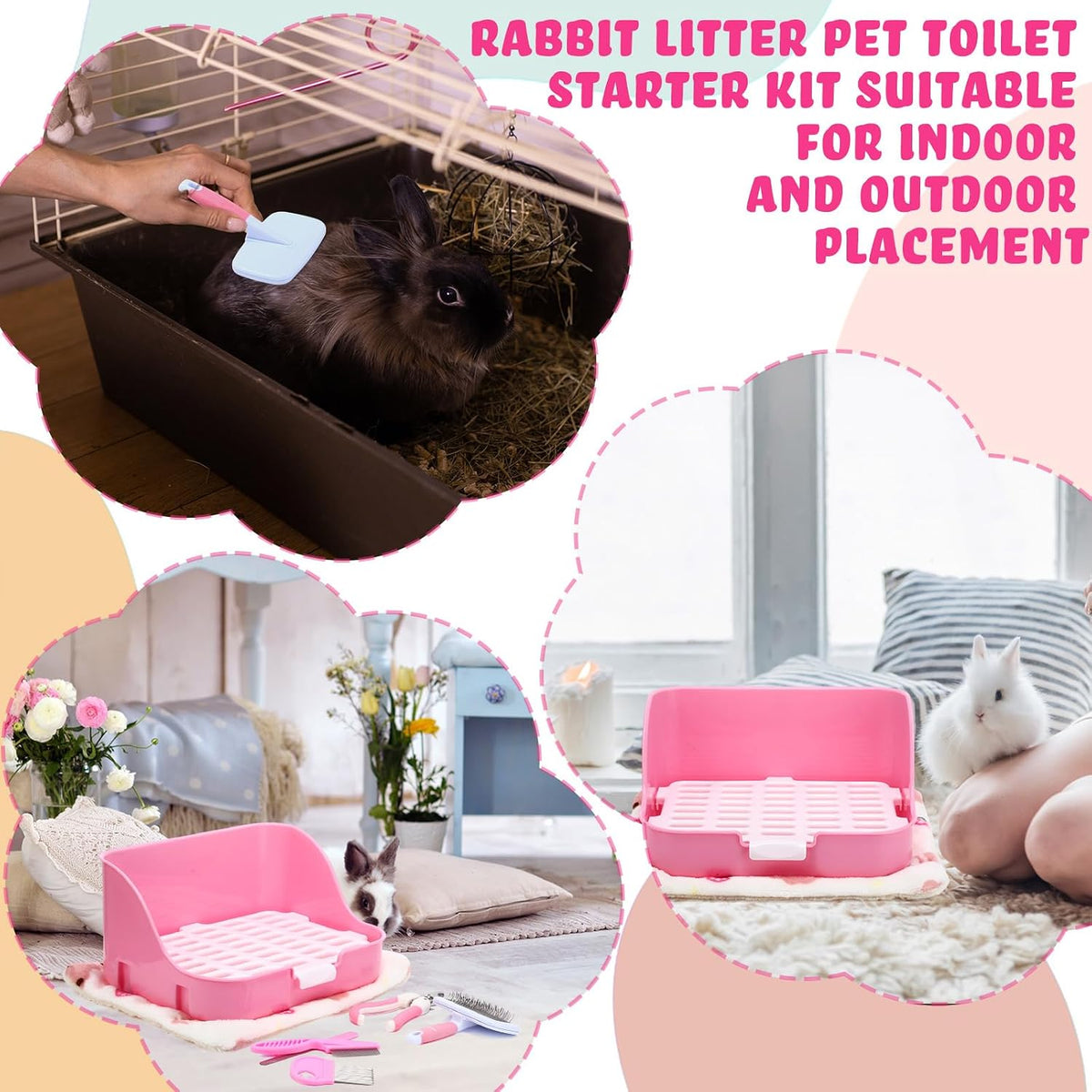 15 Pcs Rabbit Starter Kit Small Rabbit Litter Box Girls Gift Animal Grooming Kit Bunny Toys Bowl Blankets with Cleaning Set for Guinea Pig Accessories(Pink)