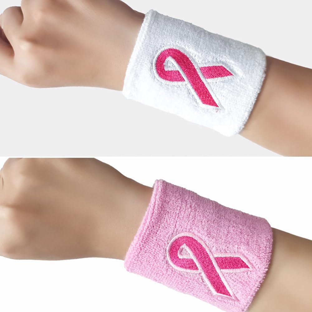 4 Pcs Breast Cancer Awareness Ribbon Wristbands Stretchy Sport Wristbands Athletic Sweat Wristbands Basketball Tennis Wrist Bands Workout Wrist Support Bands Pink