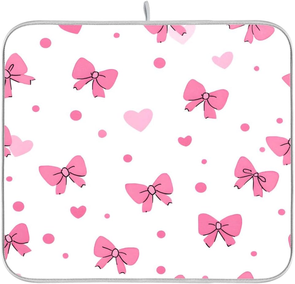 Pink Bows Hearts Pattern Dish Drying Mat 18x24 Absorbent Dishes Pad Dish Drainer Mat Protector for Kitchen Fast Dry