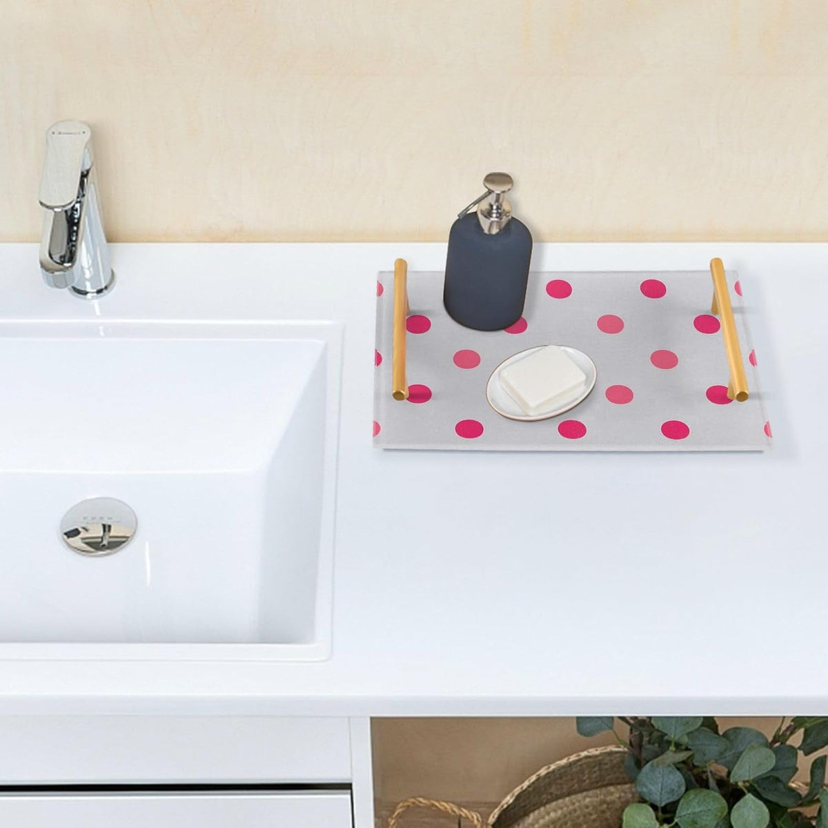 Polka Dot Peach Decorative Kitchen Tray with Handles Decorative Serving Tray for Jewelry Perfume for Tea Trays Serving charola para comida