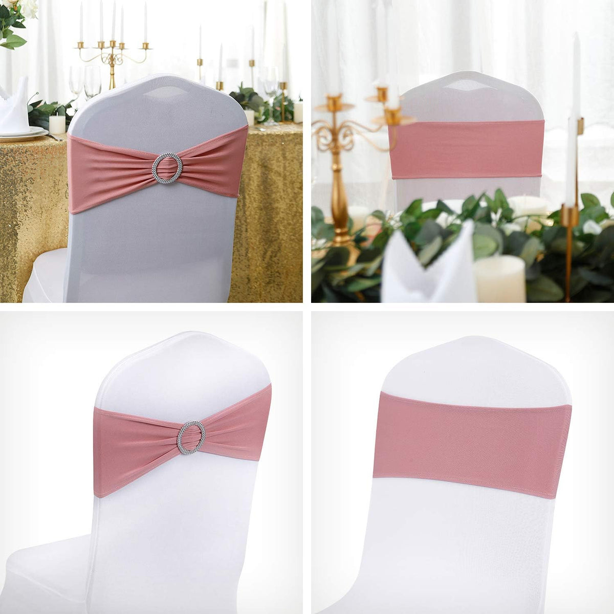 25pcs Dusty Pink Spandex Chair Sashes with Buckle Slider for Wedding, Party Decoration