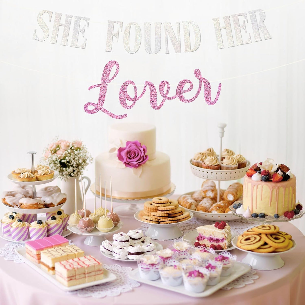 Pre-Strung She Found Her Lover Banner - Pink Glitter Bridal Party Banner