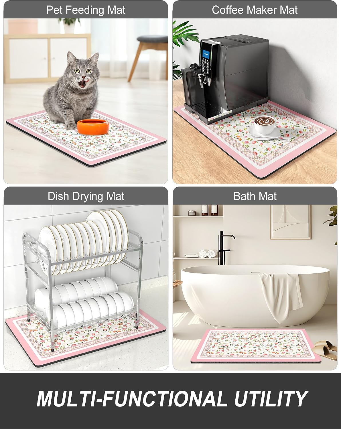 Dish Drying Mat for Kitchen Counter, 12 x 19" Cute Flower Theme Super Absorbent Draining Pad, Non-Slip Heat Resistant Coffee Bar Mats for Coffee Machine Station Accessories, Pink Dish Rack Pad