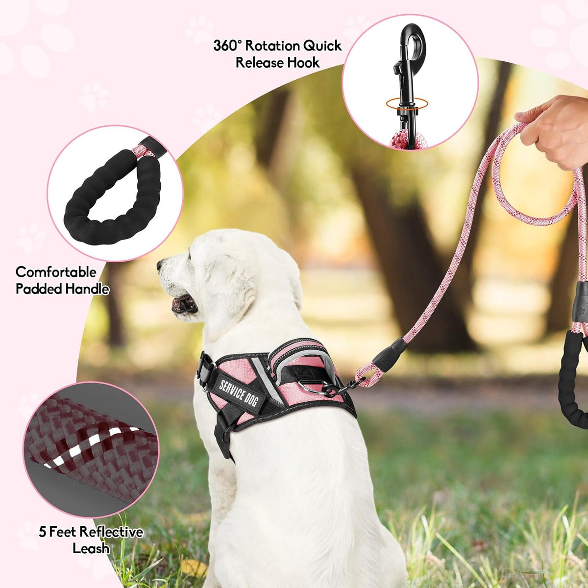 Service Dog Vest Harness and Leash Set, in Training Dog Harness with 10 Dog Patches, Reflective Dog Leash with Soft Padded Handle for Small, Medium, Large, and Extra-Large Dogs(Pink,S)
