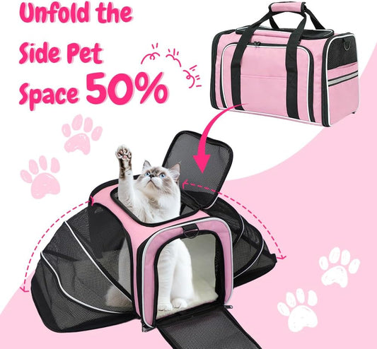 Double Expandable Cat Carrier,Airline Approved Soft-Sided Pet Travel Carrier for Small Dogs Cats under 15 lbs,Waterproof 600D Oxford Fabric with Washable Replacement Liner,Odor-Free & Claw-Proof(Pink)