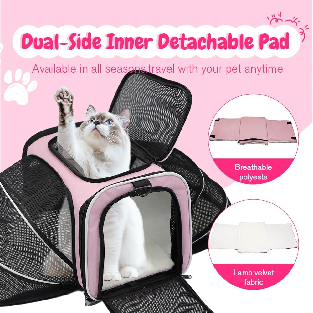 Double Expandable Cat Carrier,Airline Approved Soft-Sided Pet Travel Carrier for Small Dogs Cats under 15 lbs,Waterproof 600D Oxford Fabric with Washable Replacement Liner,Odor-Free & Claw-Proof(Pink)