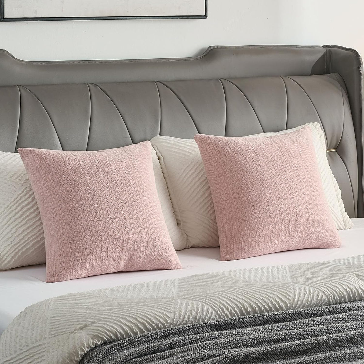 Pack of 2 Chenille Throw Pillow Covers 18x18 Inch, Pink
