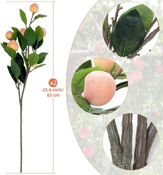2 PCS 25.6inch Artificial Peach Branches Fake Peach Stems with Green Leaves Faux Fruit Stems for Kitchen Home Wedding Party Farmhouse Garden Table Centerpiece Vase Decor