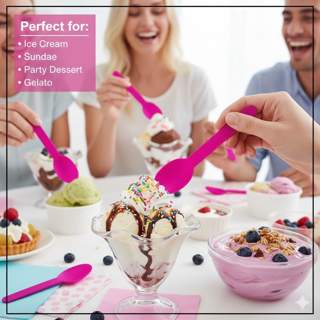 50PC Pink Plastic Dessert Spoons, 5.9"Ice Cream Spoons with Wide Handles for Party & Everyday Use