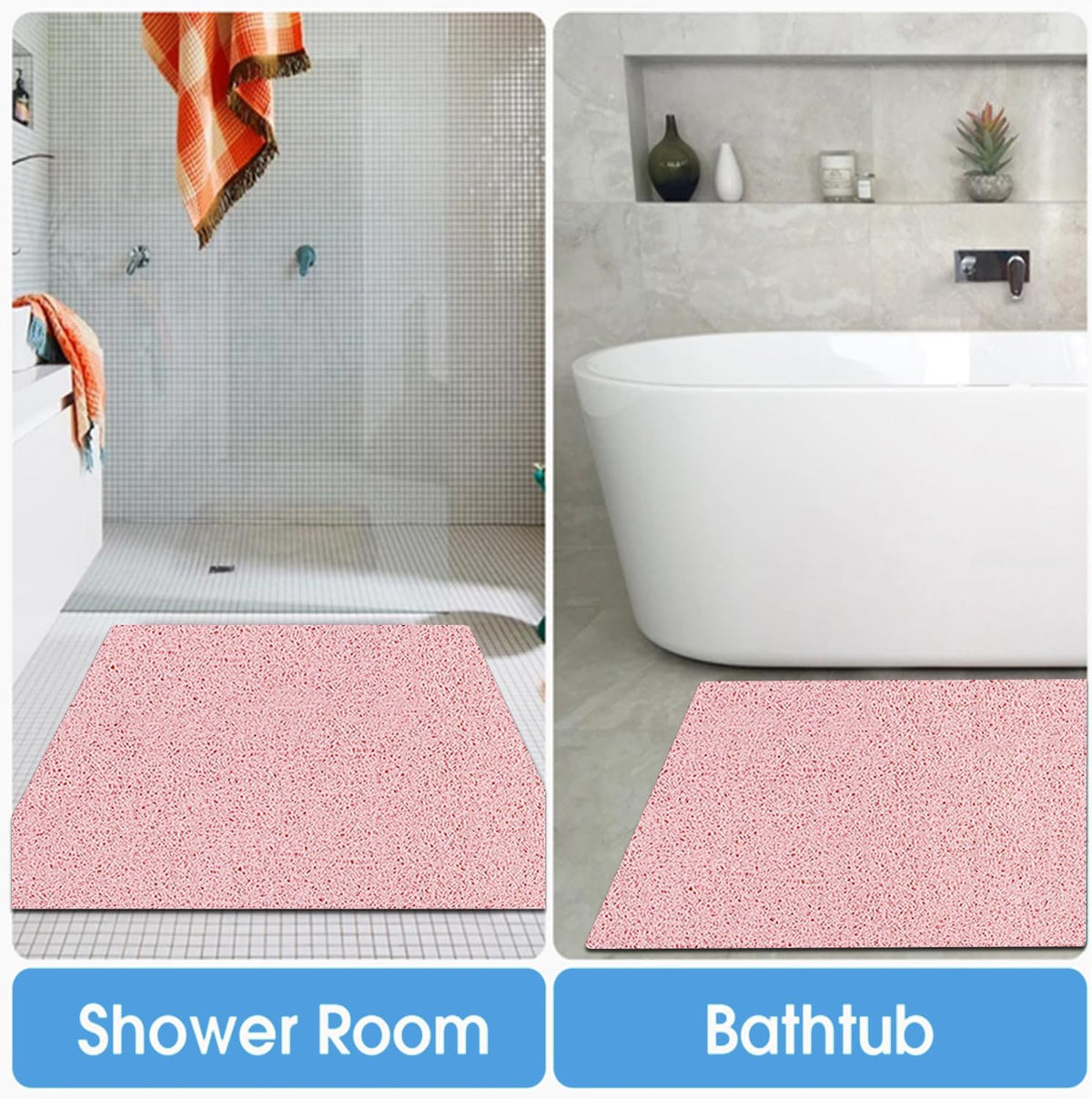 Square Non-Slip Shower Mat 24x24 Inches, Quick-Draining Bath Mat for Shower Floor, PVC Loofah Textured Shower Stall Mat, Secure Anti-Slip Bathroom Mat, Boho Style Bath Mat (Pink)