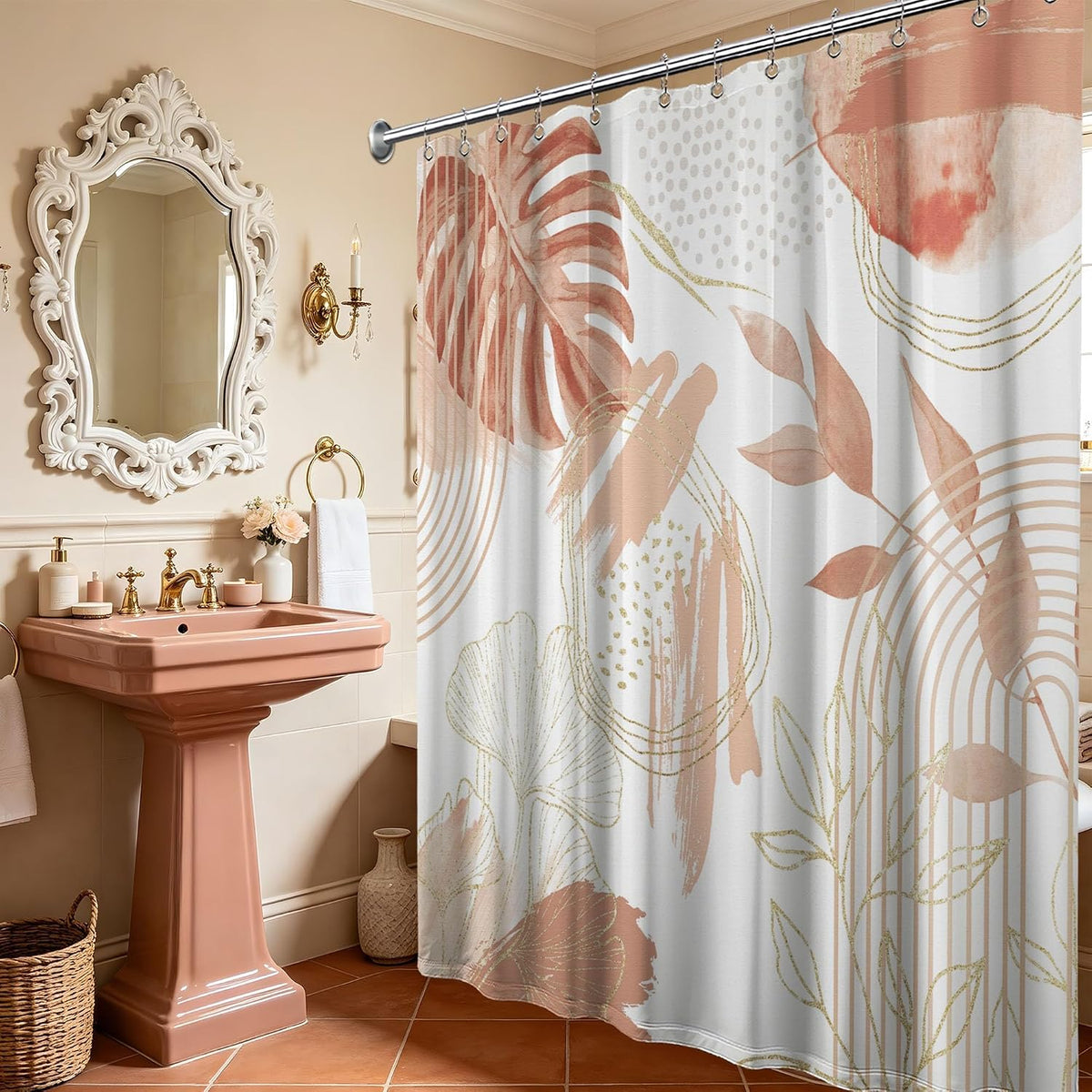 Coral Pink Peach Extra Long Shower Curtain, Tall 72x84 in
