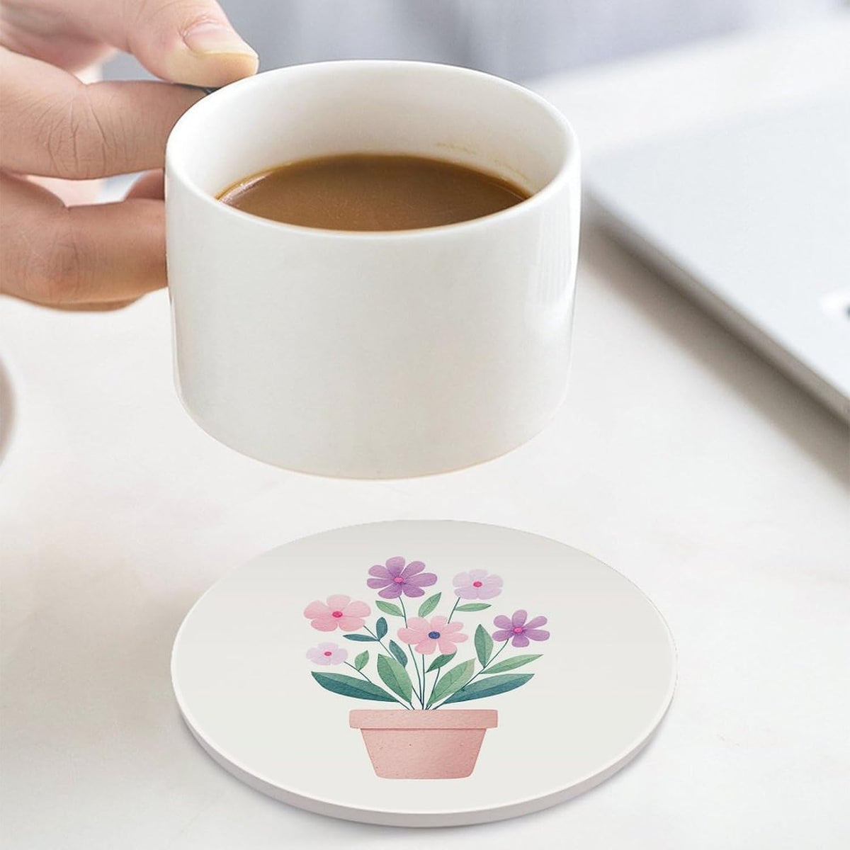 Watercolor Flower Pot in Light Pink Purple Coasters Set of 4 Absorbent Coasters
