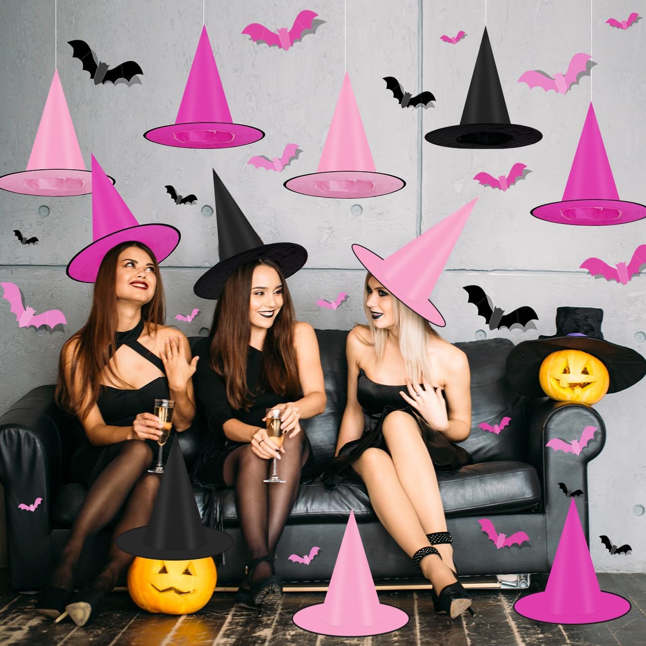 Halloween Witch Hats,Black and Pink Hanging Hats and Bats Porch Yard Decor