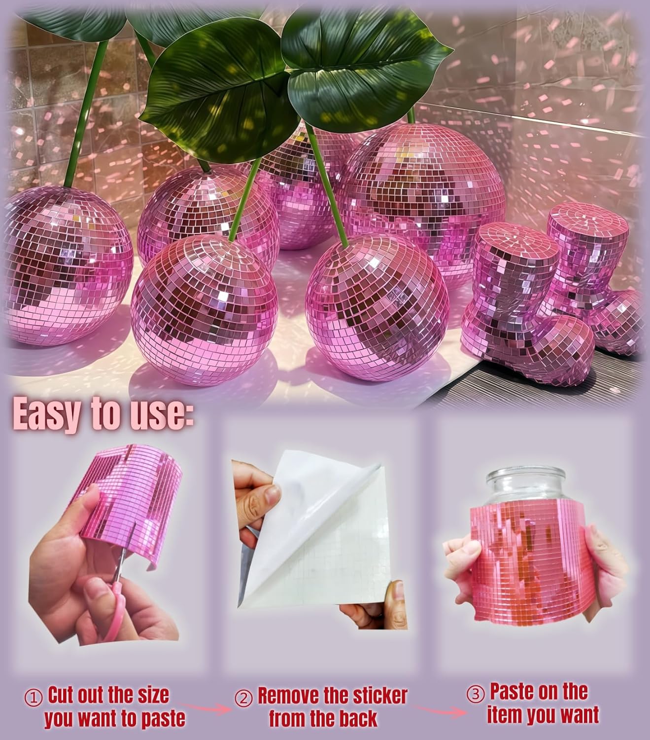 22200pcs Mirror Mosaic Tiles,4 x 4mm Disco Tiles Self Adhesive,Tiny Mirror Tiles for Crafts,Disco Ball Stickers for DIY Party Decoration(Pink)