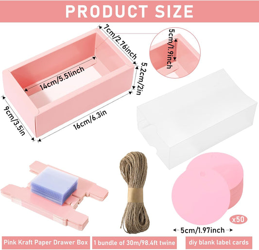 50 Sets Kraft Homemade Gift Box Bundle with Blank Tags and Jute String (101 Items) for Jewelry Candy Wrapping Party Favor(6.3 x 3.5 x 2 Inch,Pink)