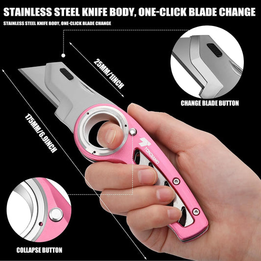 2 Pcs Folding Pocket Utility Knife Box Cutter, Pink