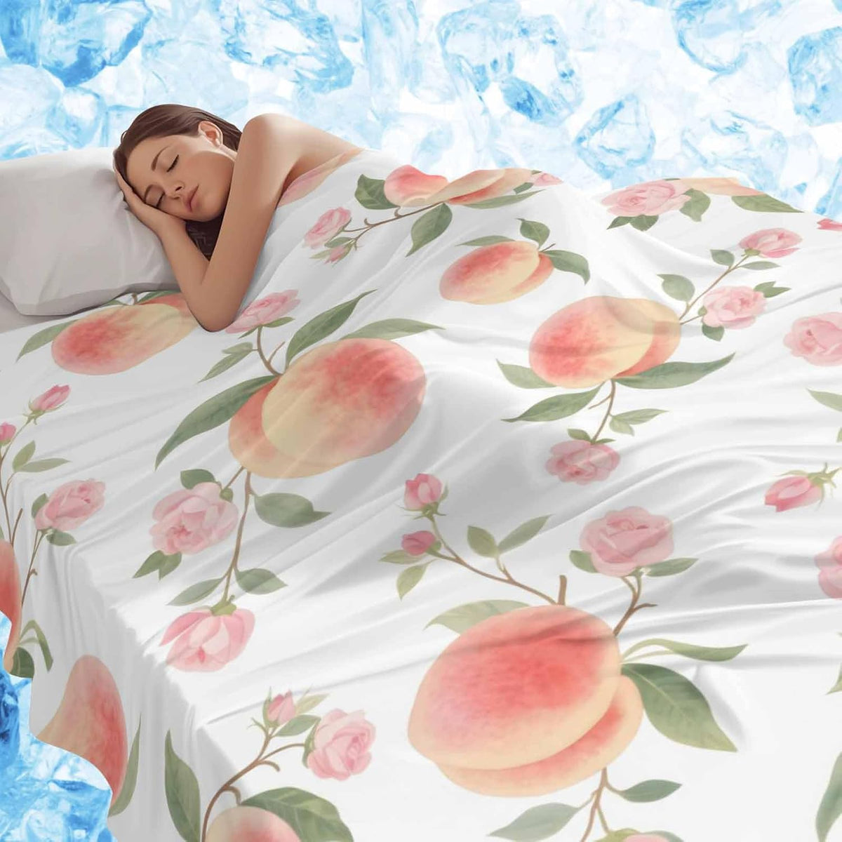 Cooling Throw Blanket 40"x60" for Teens, Peach Lightweight Breathable Bed Blanket for Hot Sleepers, Spring Floral Green Leaf Botanical Pink Fruit Soft Summer Cool Blankets for Travel, Sofa, Couch