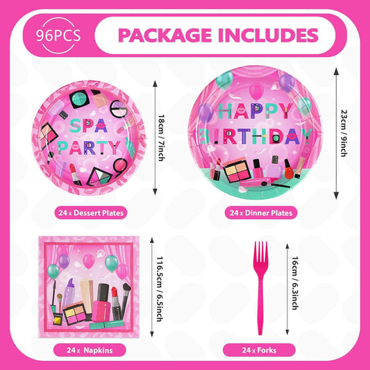 96Pcs Hot Pink Spa Birthday Party Decorations Serves 24