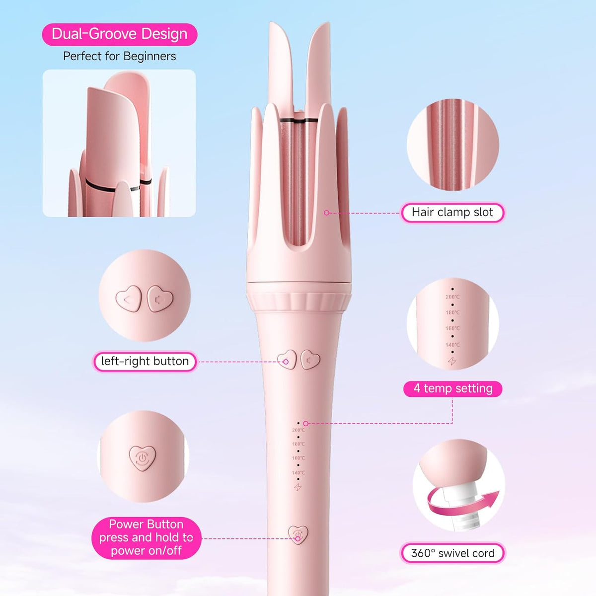 Myhox Auto Curling Iron 1.25", 4 Temp, Rotating Hair Curler for Beach Waves, Ceramic Curling Wand with Anti-Scald & Anti-Tangle for Long Hair, Dual Voltage, Pink