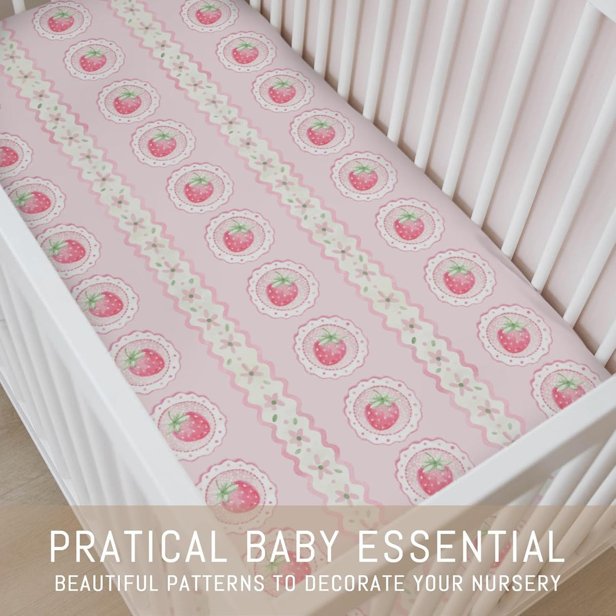 Pastel Strawberry Floral Baby Crib Sheets for Girls Pink Strawberries Stripes Soft Snug Fitted Crib Mattress Covers for 52''x28'' Standard Crib & Toddler Mattress Boho Summer Fruits Bed Sheets