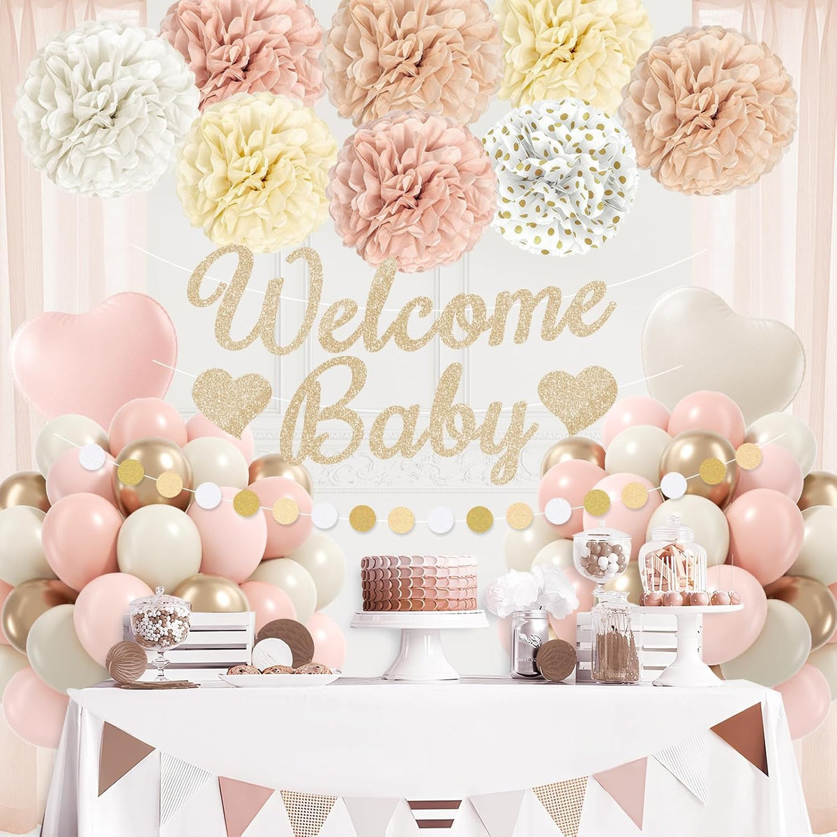 Pink Baby Shower Decorations with Nude Beige White Gold Paper Pompoms