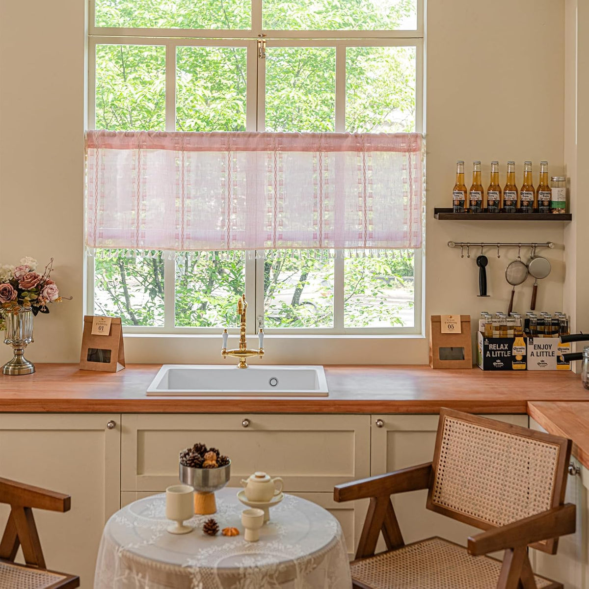 Boho Valance Kitchen Short Curtain Tassel, Textured Striped Drape Light Filtering Tier Embroidered Chic Window Treatment for Cafe Dinging Room Closet, W52 x L18 inch SINGLE 1 Panel Blush Pink